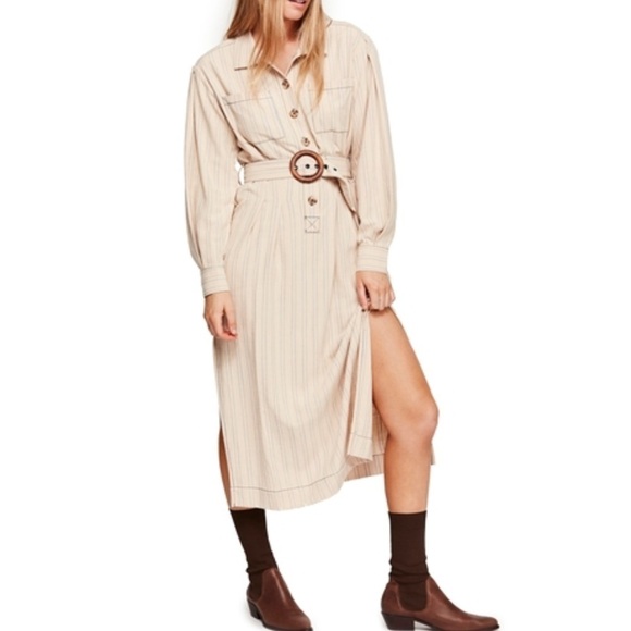Free People Dresses & Skirts - Free People Cream Striped Midi Shirtdress with Belt